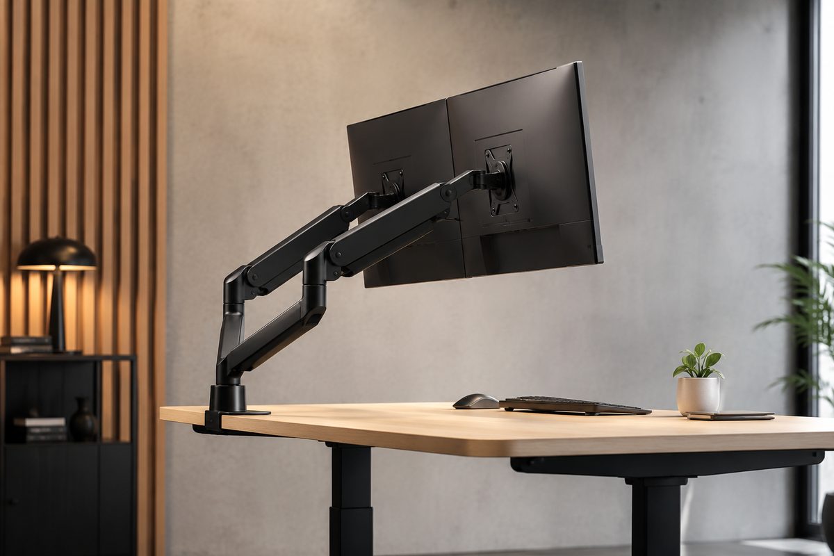 Dual monitor arms holding two displays in an ergonomic floating position over a clean desk