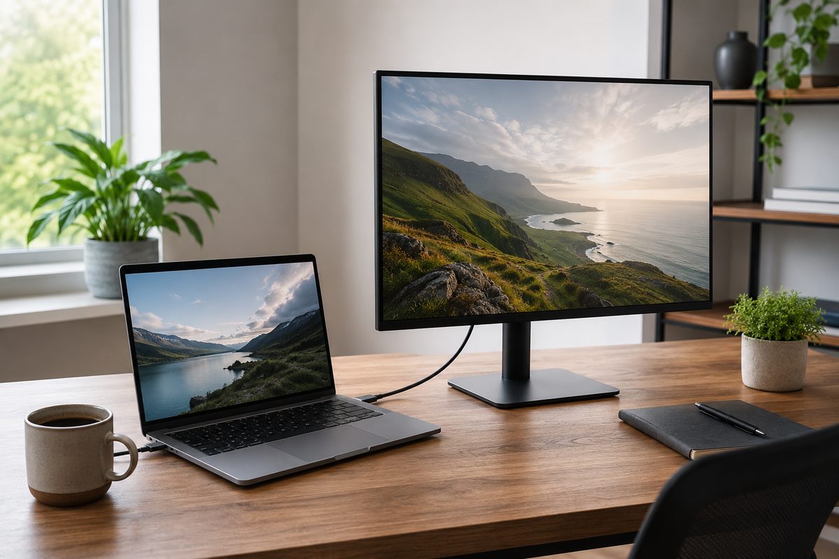 Clean home office with a USB-C monitor docked to a laptop over a single cable