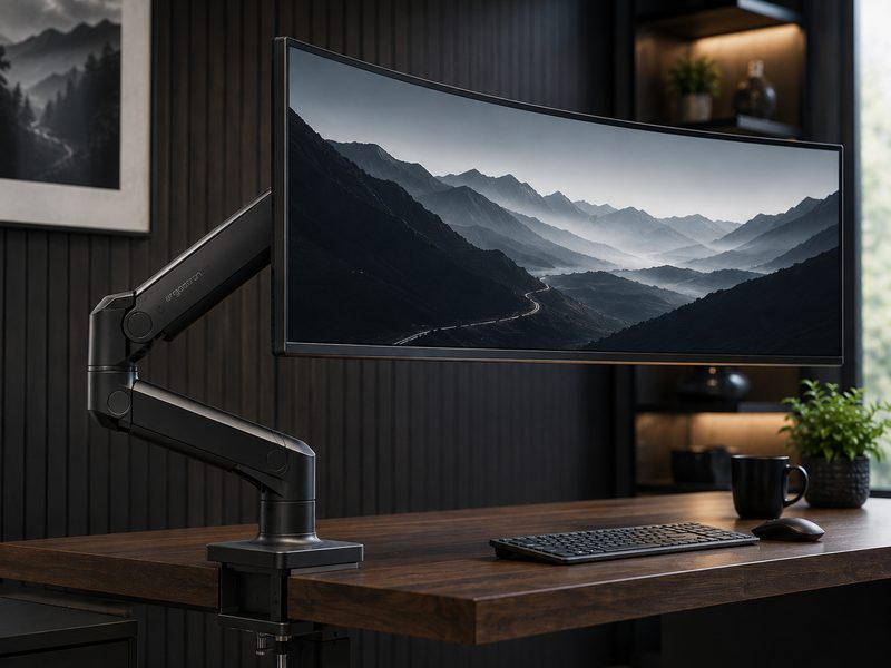 Ergotron HX heavy-duty arm supporting a large curved ultrawide monitor