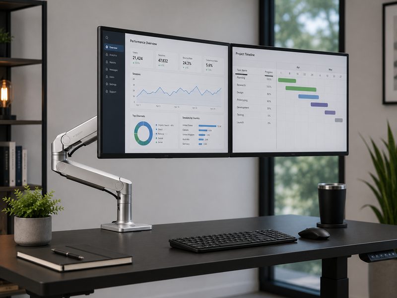 Ergotron LX Dual arm holding two monitors side by side over a standing desk