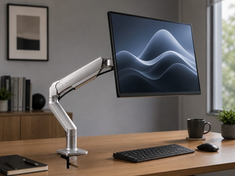 Ergotron LX single monitor arm holding a display in a floating ergonomic position
