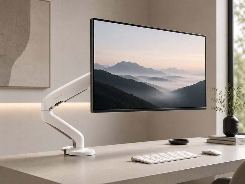Herman Miller Flo monitor arm with sculpted design holding a large display