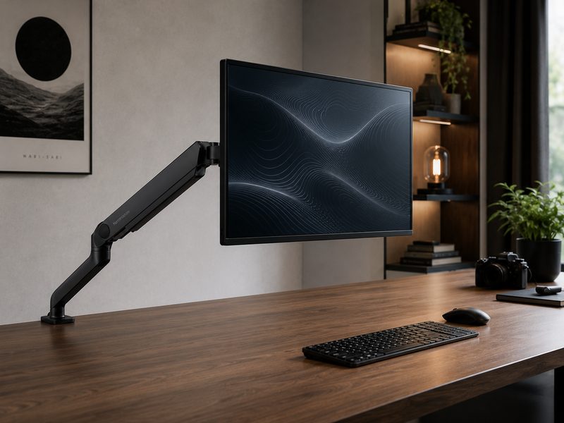 Herman Miller Jarvis monitor arm with minimal base footprint on a modern desk