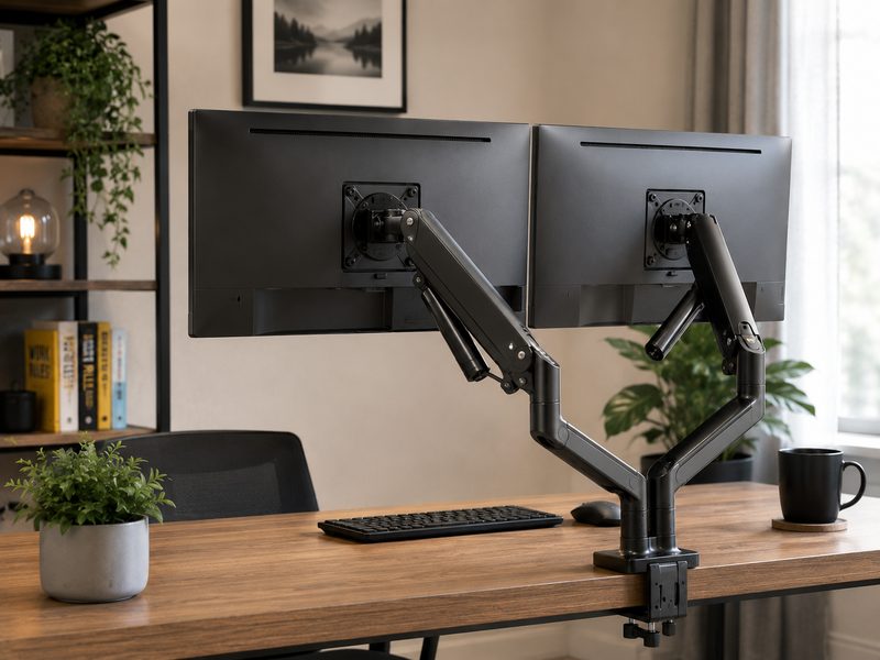 HUANUO dual gas spring monitor arm holding two displays on a budget desk setup