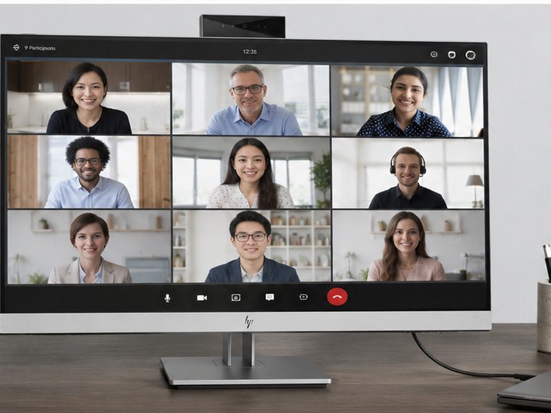HP E27m G4 conferencing monitor with integrated pop-up webcam and microphones